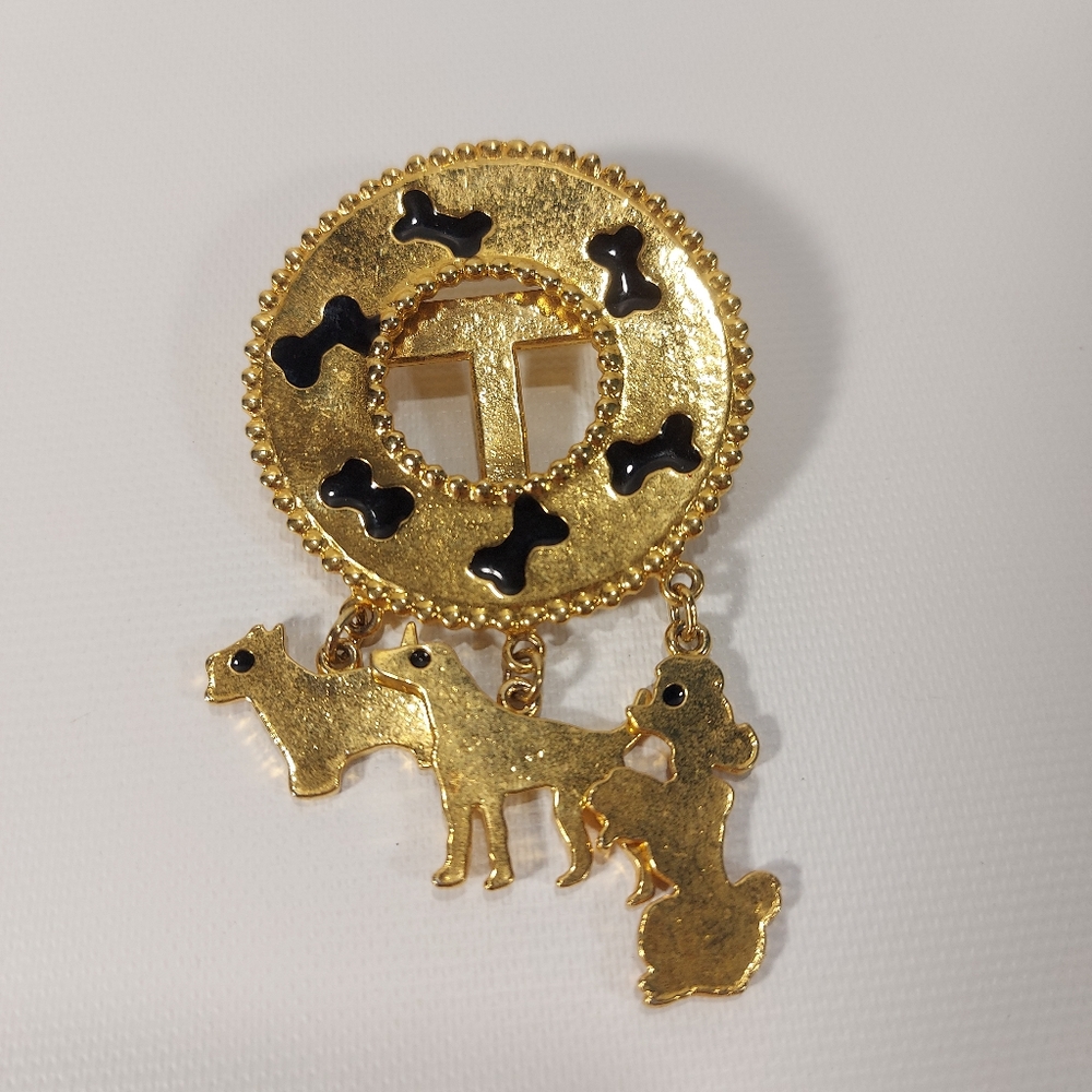 Gold Tone & Black Dog Brooch with Doggy Charms